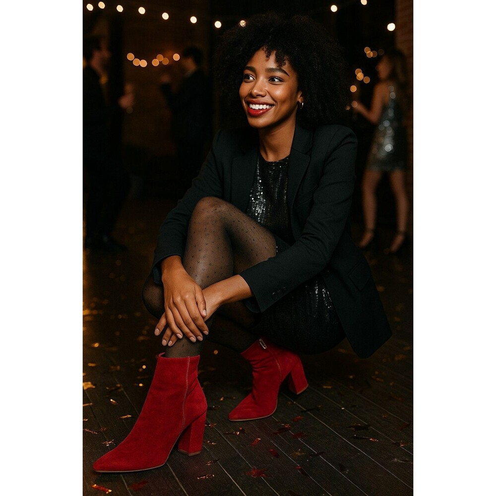 Antonio Melani Shahn Red Suede Leather Ankle Boots Block Heel Side Zip...